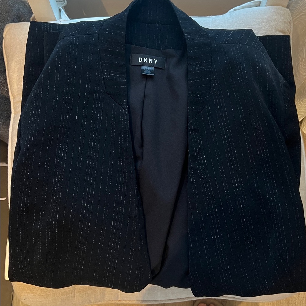 DKNY Black Pinstripe Open-Front Blazer with Silver Threads